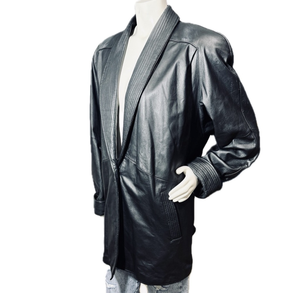 🧥👠 PELLE New York Milano VTG 90s Genuine Leather Shawl Collar Coat Jacket Sz XL